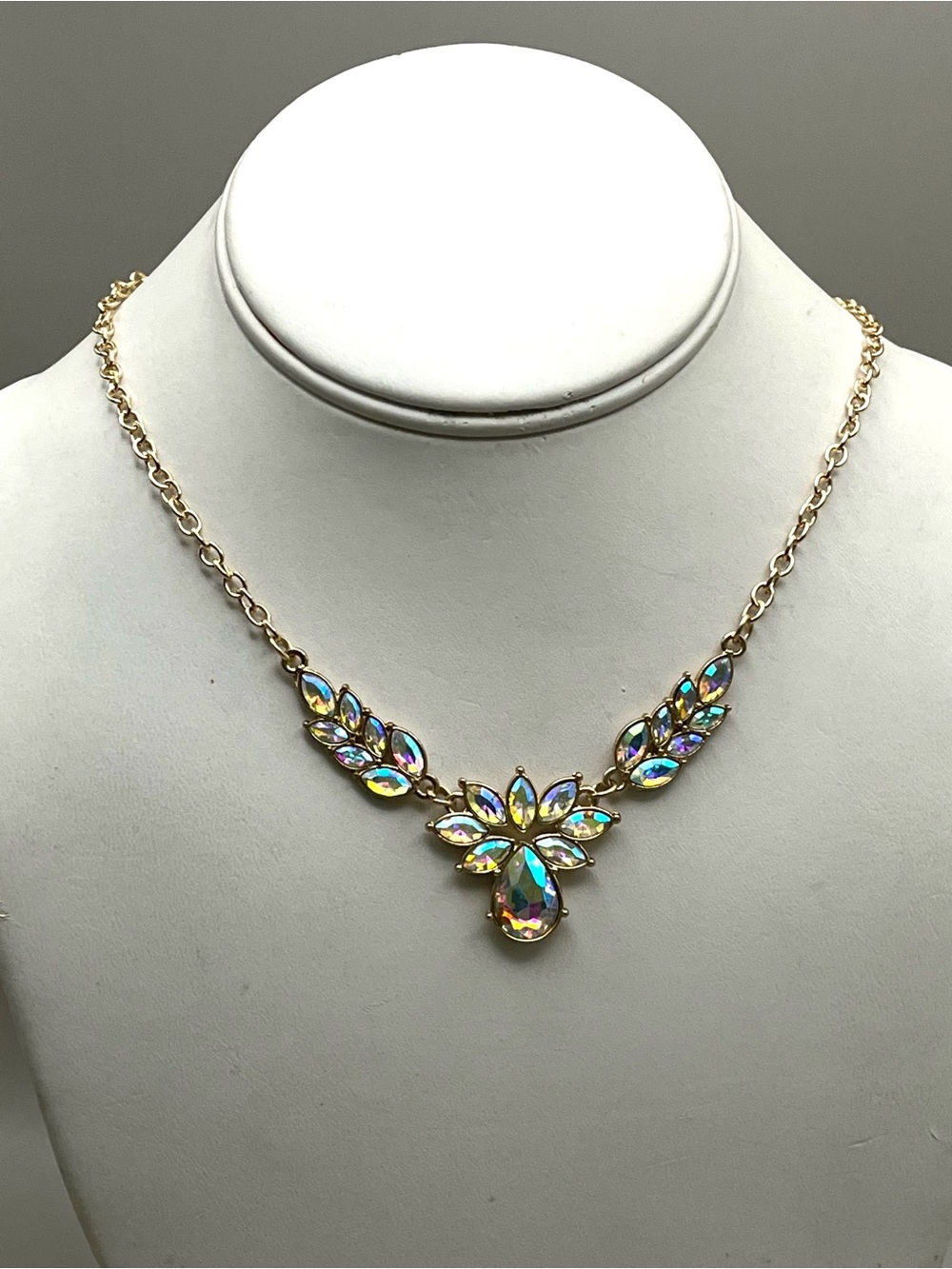 Aurora Borealis Necklace Set Gold Tone AB Crystal Bib Statement Earrings Wedding